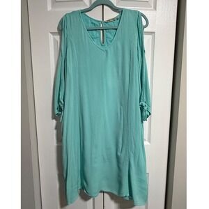 Soft Surroundings Aqua Turquoise Cold Shoulder Gauze Tunic Dress Large Pockets